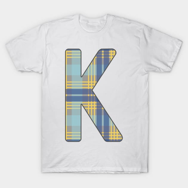 Monogram Letter K, Blue, Yellow and Grey Scottish Tartan Style Typography Design T-Shirt by MacPean